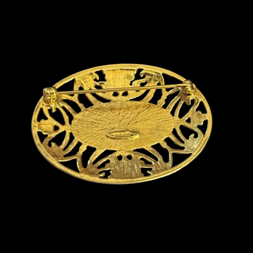 Vintage Avon Gold Tone Filigree Brooch with Porcelain‎ Rose Center